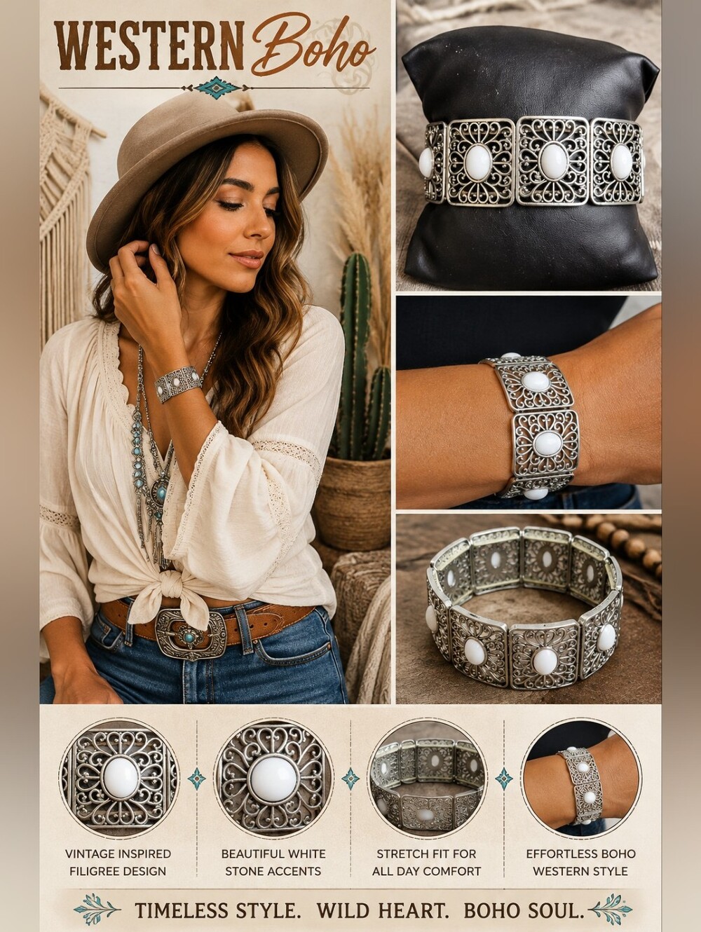 Vintage Boho Silver Filigree Stretch Bracelet | White Cabochon Statement Cuff